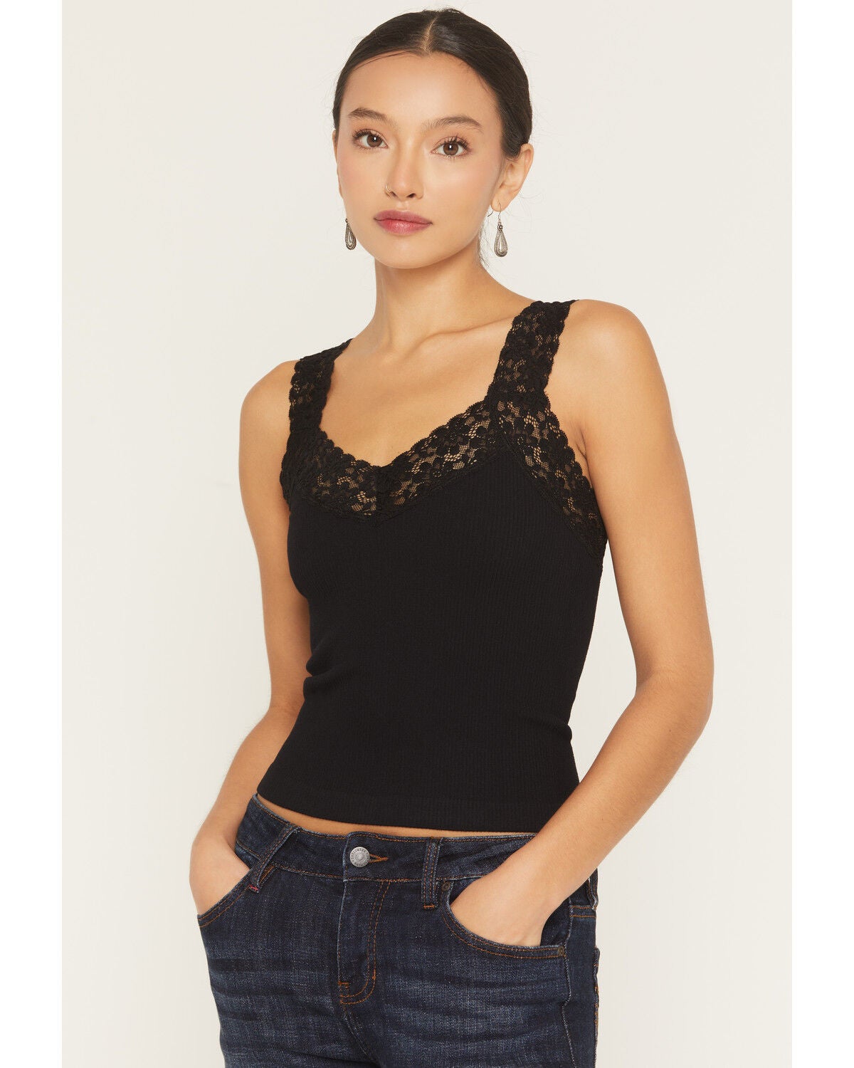 By Together Women's Seamless Lace Ribbed Tank, Black, hi-res