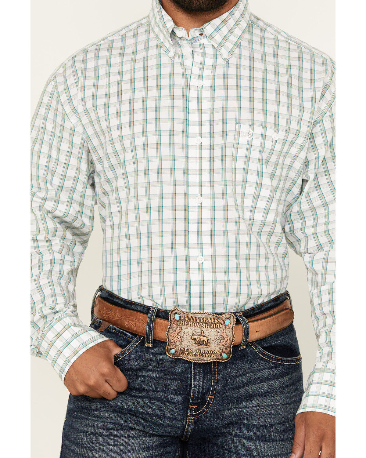 Image #3 - George Strait by Wrangler Men's Plaid Print Long Sleeve Button-Down Stretch Western Shirt, White, hi-res