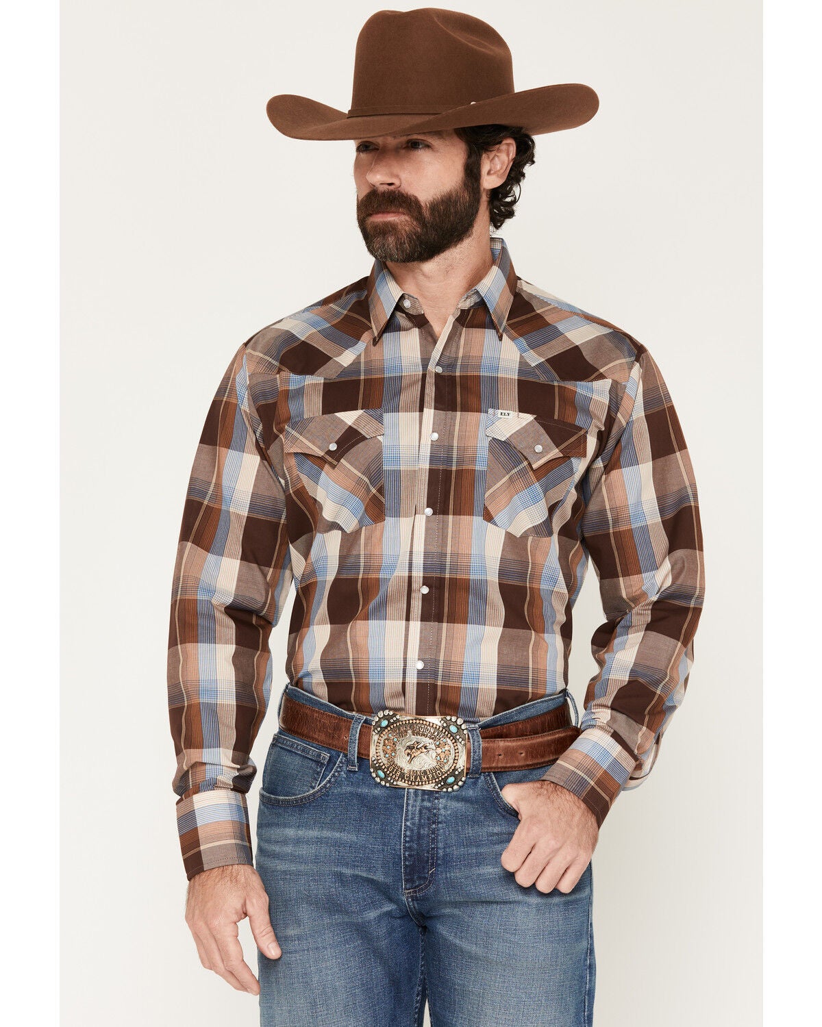 Image #1 - Ely Walker Men's Plaid Print Long Sleeve Pearl Snap Western Shirt, Chocolate, hi-res
