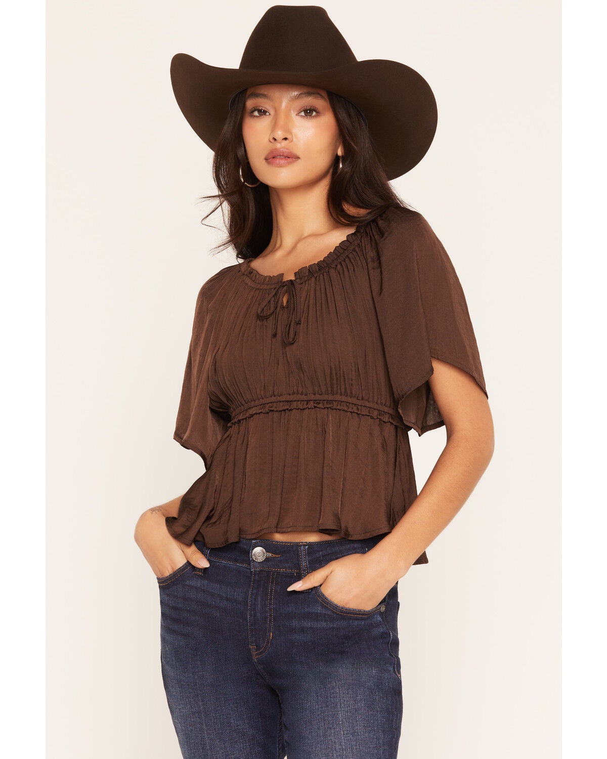Shyanne Women's Hailey Satin Flounce Short Sleeve Peasant Blouse, Cognac, hi-res