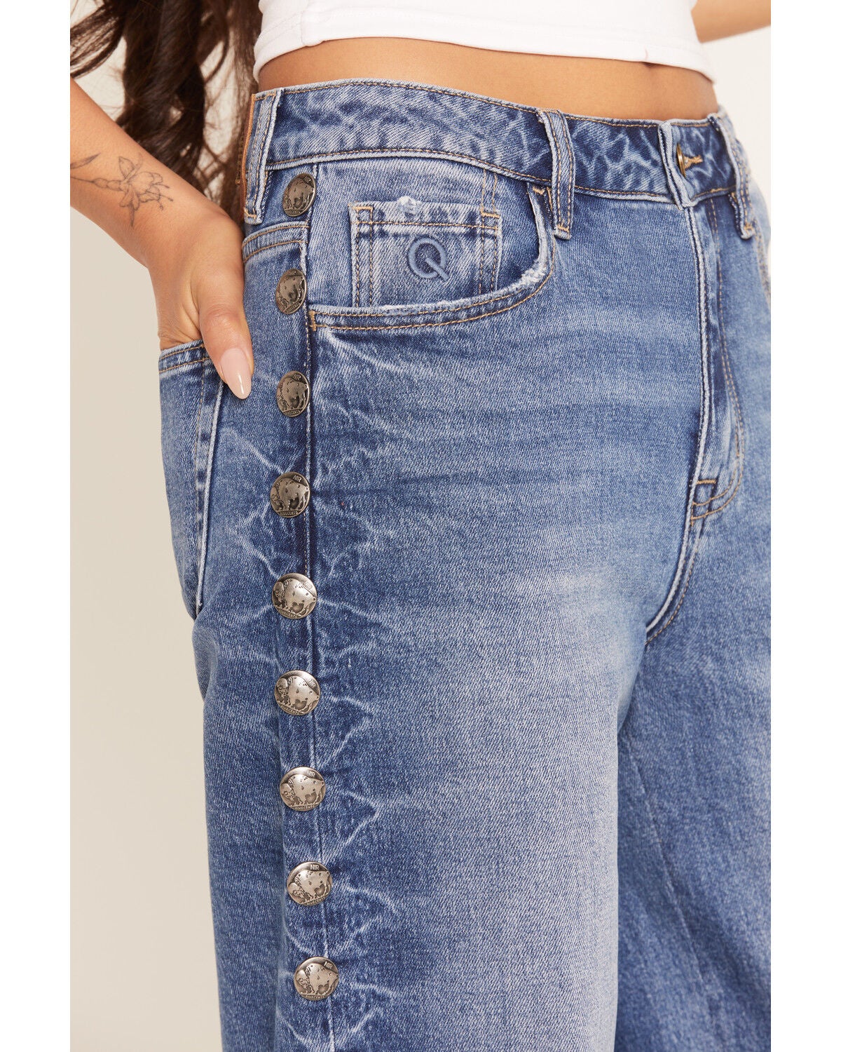 Image #2 - Rodeo Quincy X Boot Barn Women's Buffalo Billie Light Wash High Rise Concho Wide Leg Stretch Denim Jeans, Light Wash, hi-res