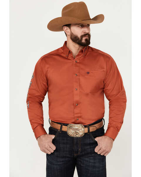 Image #2 - Ariat Men's Team Embroidered Logo Twill Classic Fit Long Sleeve Button Down Western Shirt, Dark Orange, hi-res