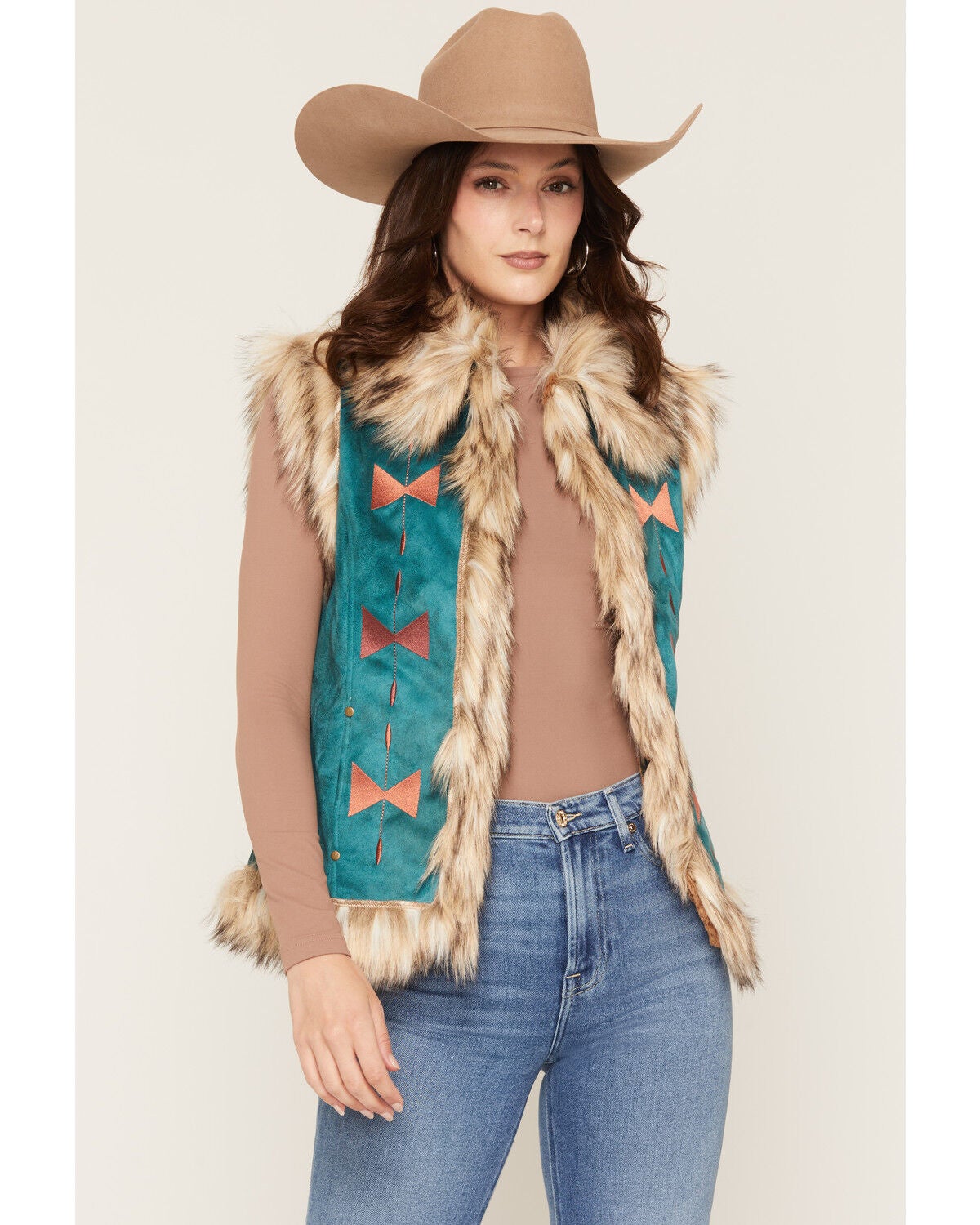 Tasha Polizzi Women's Chateau Faux Suede Embroidered Vest, Teal, hi-res