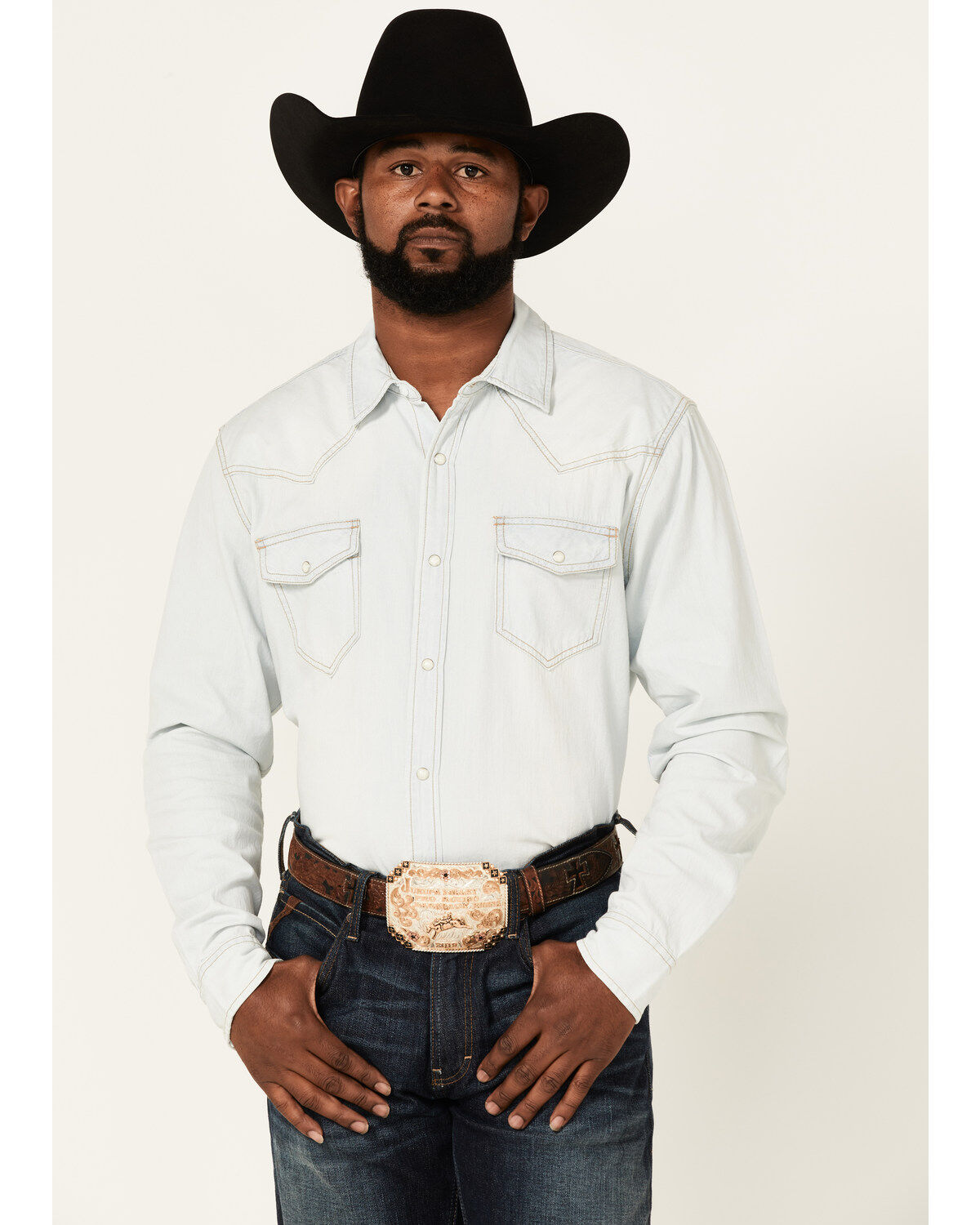 Image #1 - Cody James Men's Fort Summer Light Wash Long Sleeve Pearl Snap Western Denim Shirt, Light Wash, hi-res
