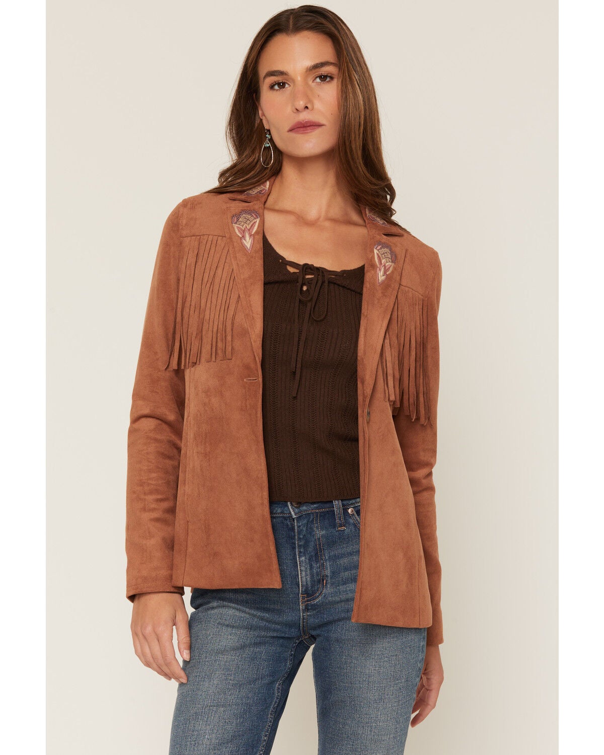 Shyanne Women's Ainsley Embroidered Fringe Faux Suede Blazer, Bark, hi-res
