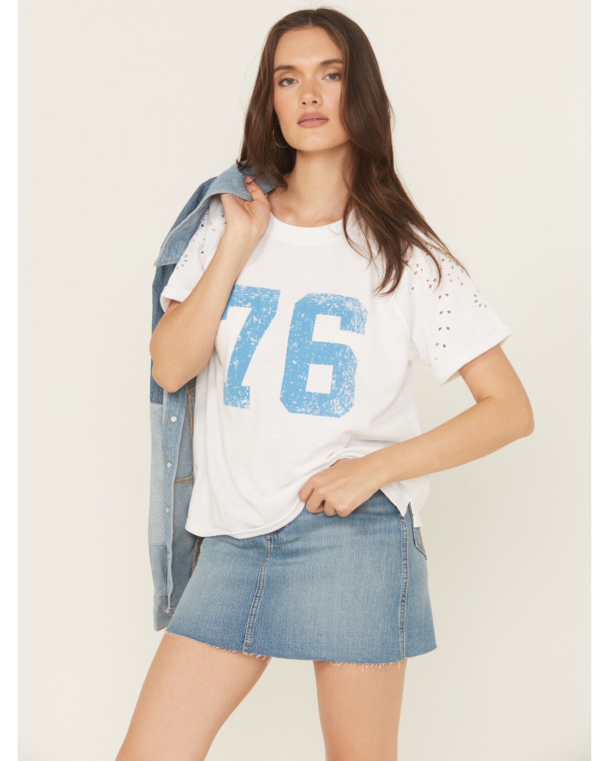 Blended Women's Eyelet Embroidered Short Sleeve Graphic Tee, White, hi-res