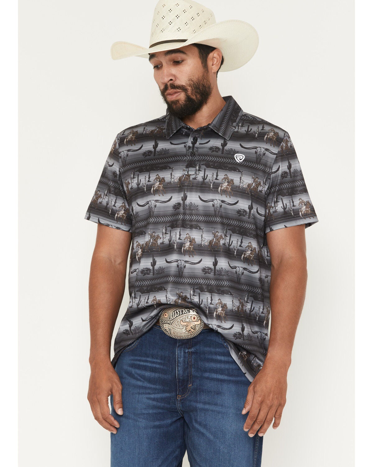 Rock & Roll Denim Men's Steerhead Print Short Sleeve Button-Down Stretch Polo Shirt, Black, hi-res