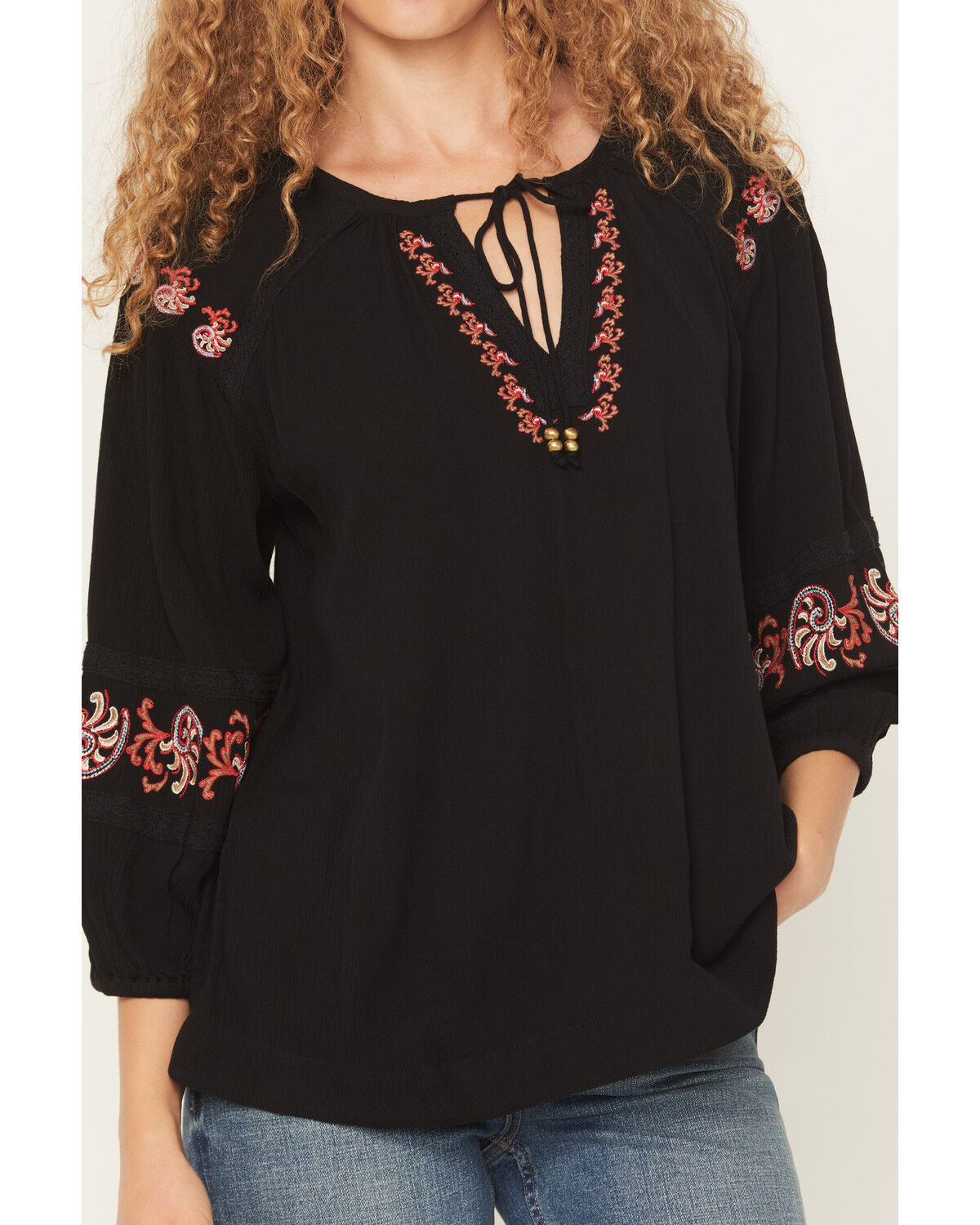 Image #3 - Shyanne Women's Gulch 3/4 Sleeve Embroidered Peasant Top, Black, hi-res