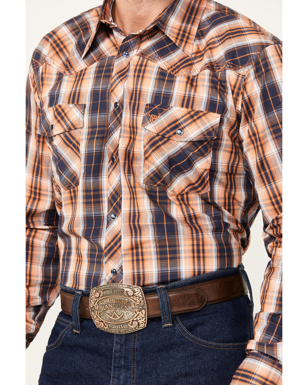 Image #3 - Cowboy Hardware Men's Hermosillo Plaid Print Long Sleeve Snap Western Shirt, Orange, hi-res
