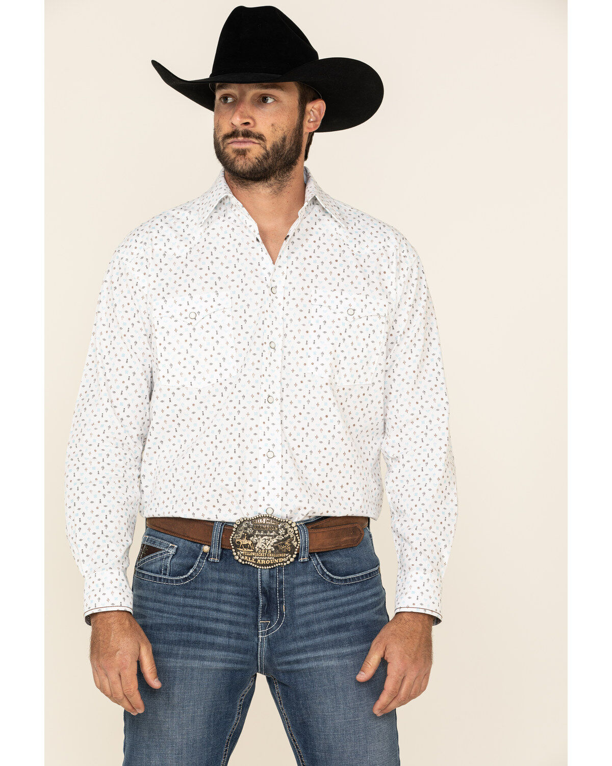 Image #1 - Rough Stock By Panhandle Men's Picacho Southwest Geo Print Long Sleeve Western Shirt, White, hi-res