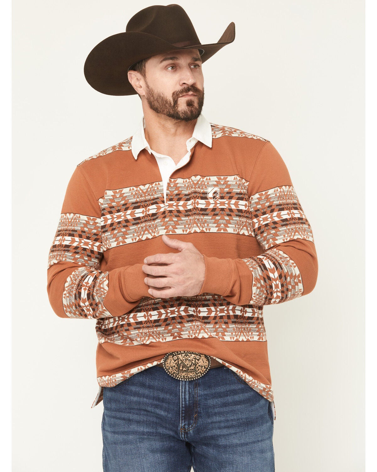 RANK 45&reg; Men's Southwestern Striped Rugby Polo Shirt, Cognac, hi-res