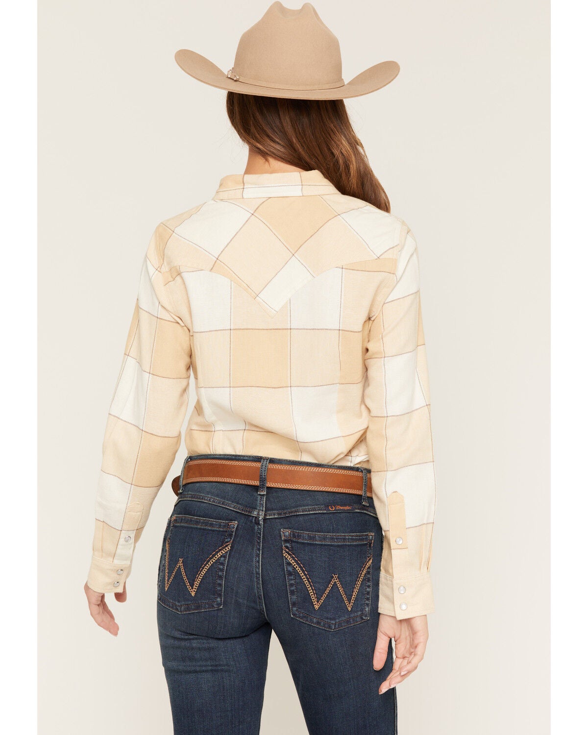 Image #4 - Wrangler Retro Women's Boot Barn Exclusive Plaid Print Long Sleeve Pearl Snap Flannel Shirt, Beige, hi-res