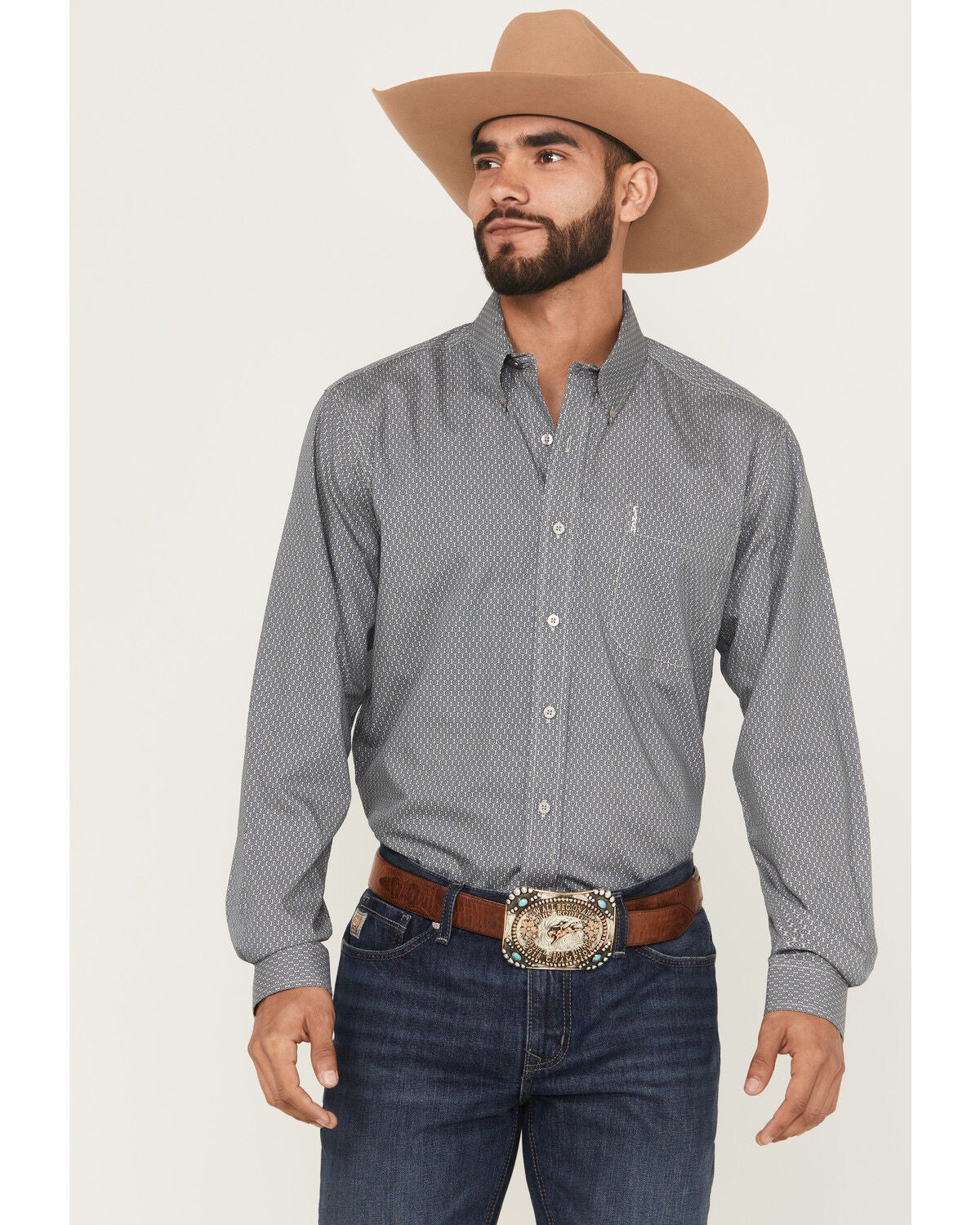 Cinch Men's Geo Print Modern Fit Long Sleeve Button-Down Western Shirt, Grey, hi-res