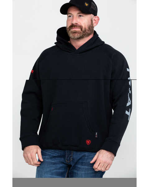 Ariat Men's Black FR Primo Fleece Logo Hooded Work Sweatshirt - Big , Black, hi-res