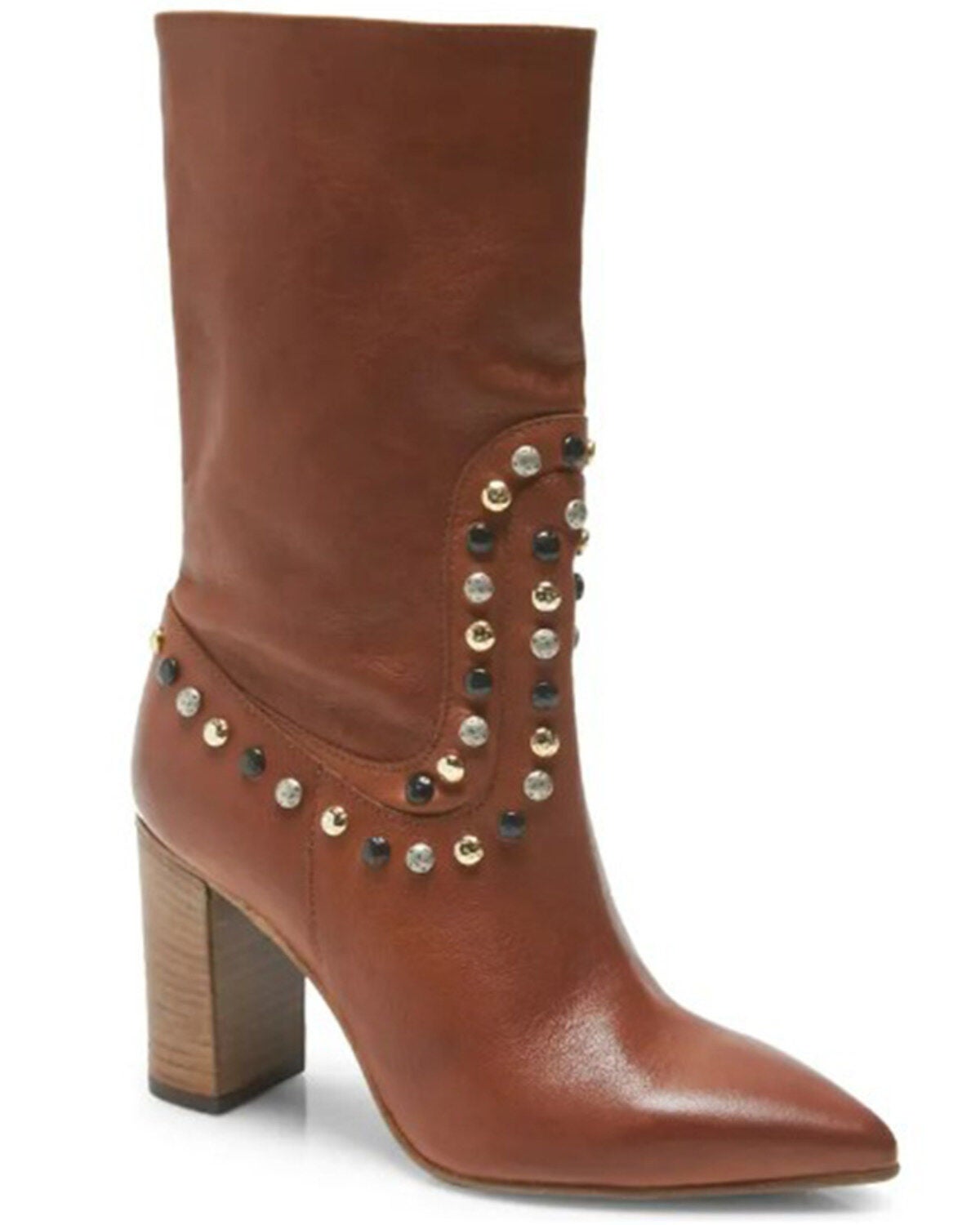 Free People Women's Dakota Heel Studded Leather Western Boots - Round Toe, Brown, hi-res