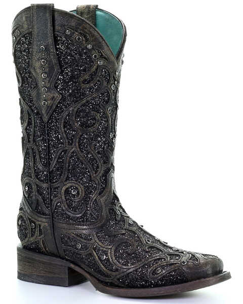 Image #1 - Corral Women's Black Glitter Inlay & Studs Western Boots - Square Toe, , hi-res