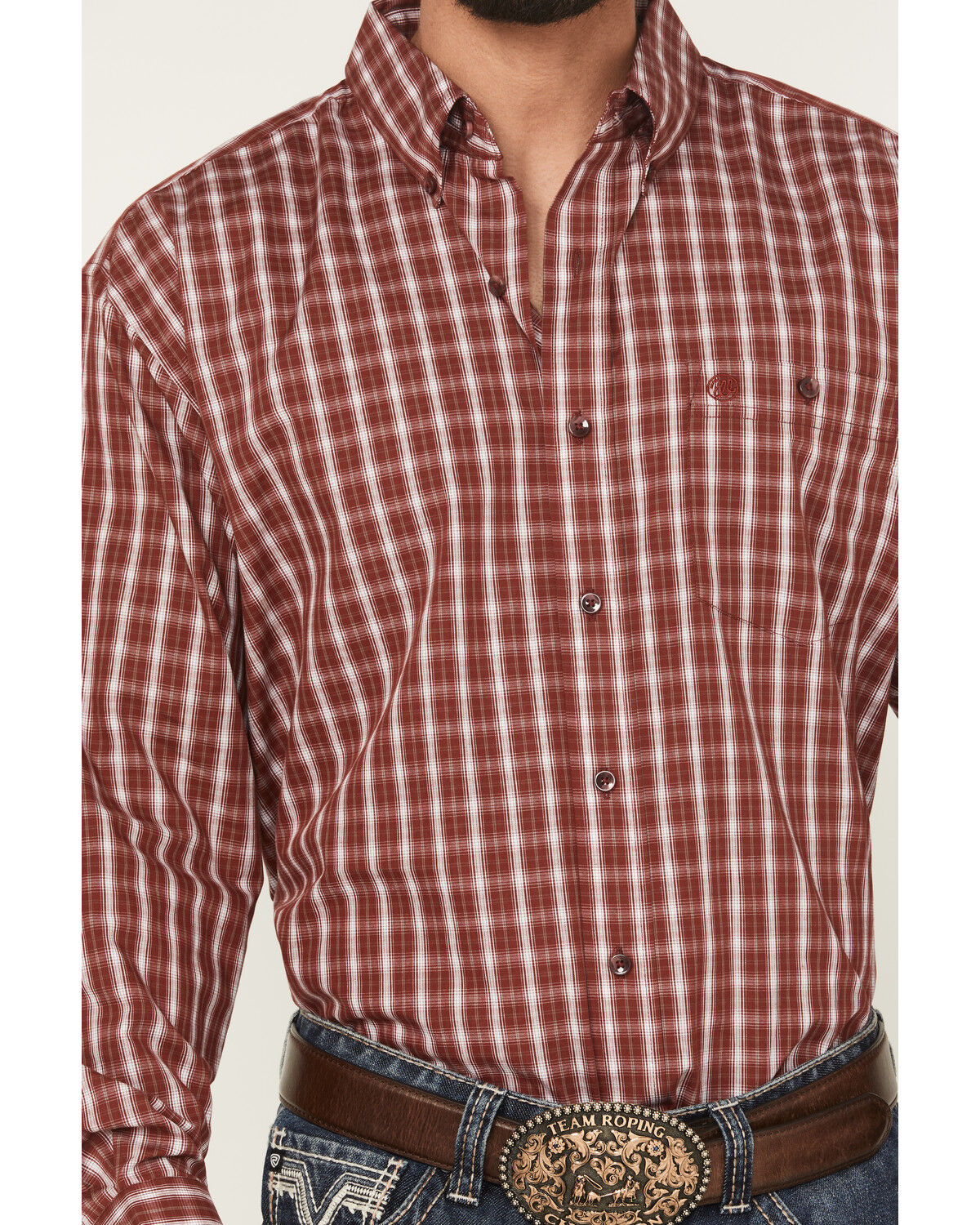 Image #3 - Wrangler Men's Plaid Print Long Sleeve Button-Down Stretch Western Shirt, Burgundy, hi-res