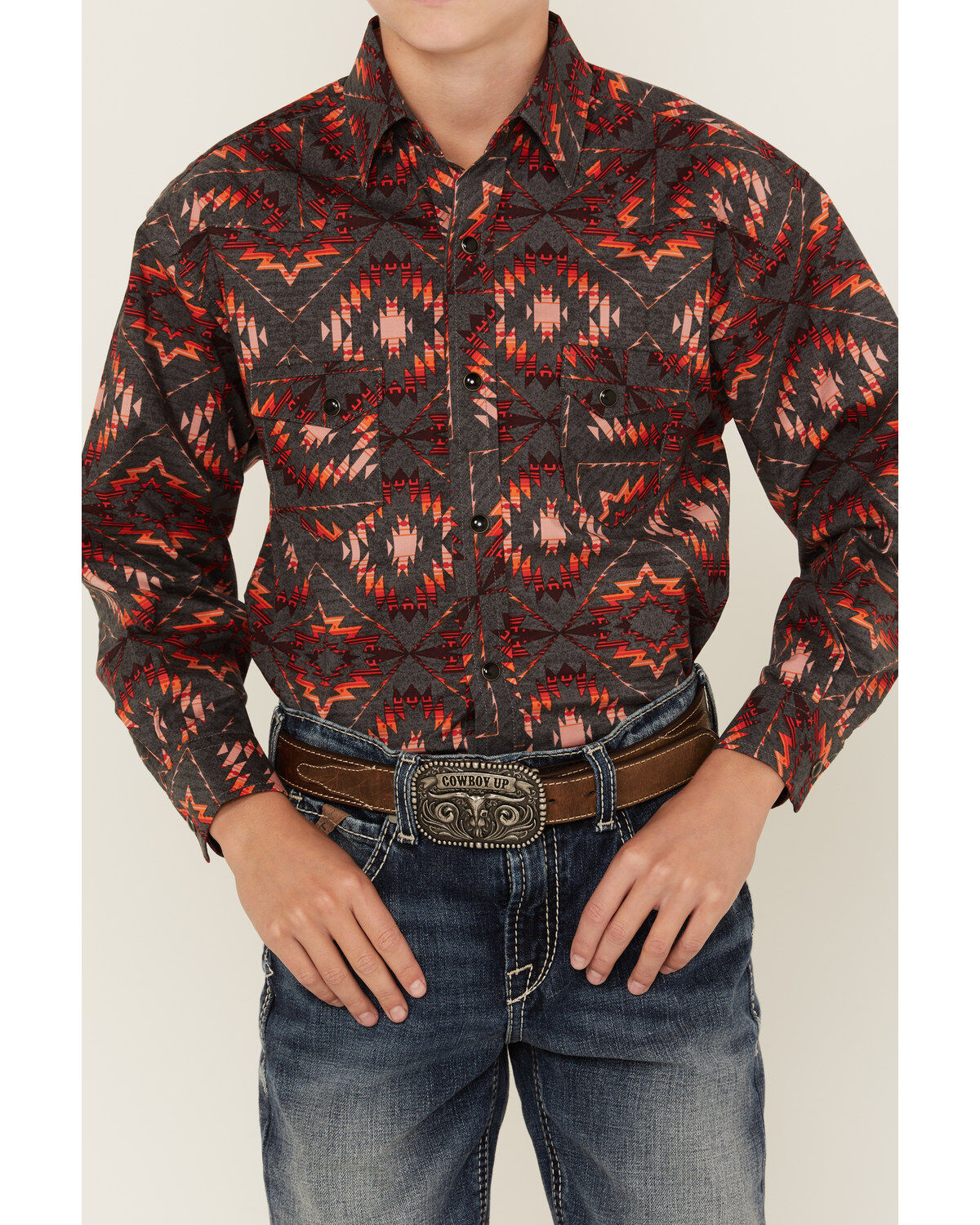 Image #3 - Panhandle Boys' Southwestern Print Long Sleeve Snap Western Shirt, Orange, hi-res
