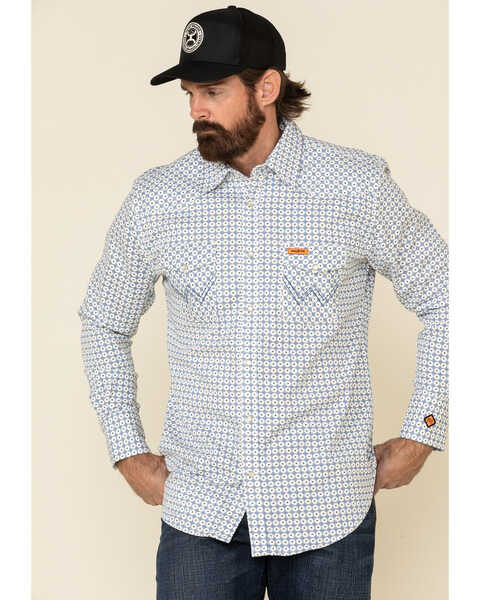 Image #1 - Wrangler FR Men's White Small Geo Print Long Sleeve Work Shirt , , hi-res