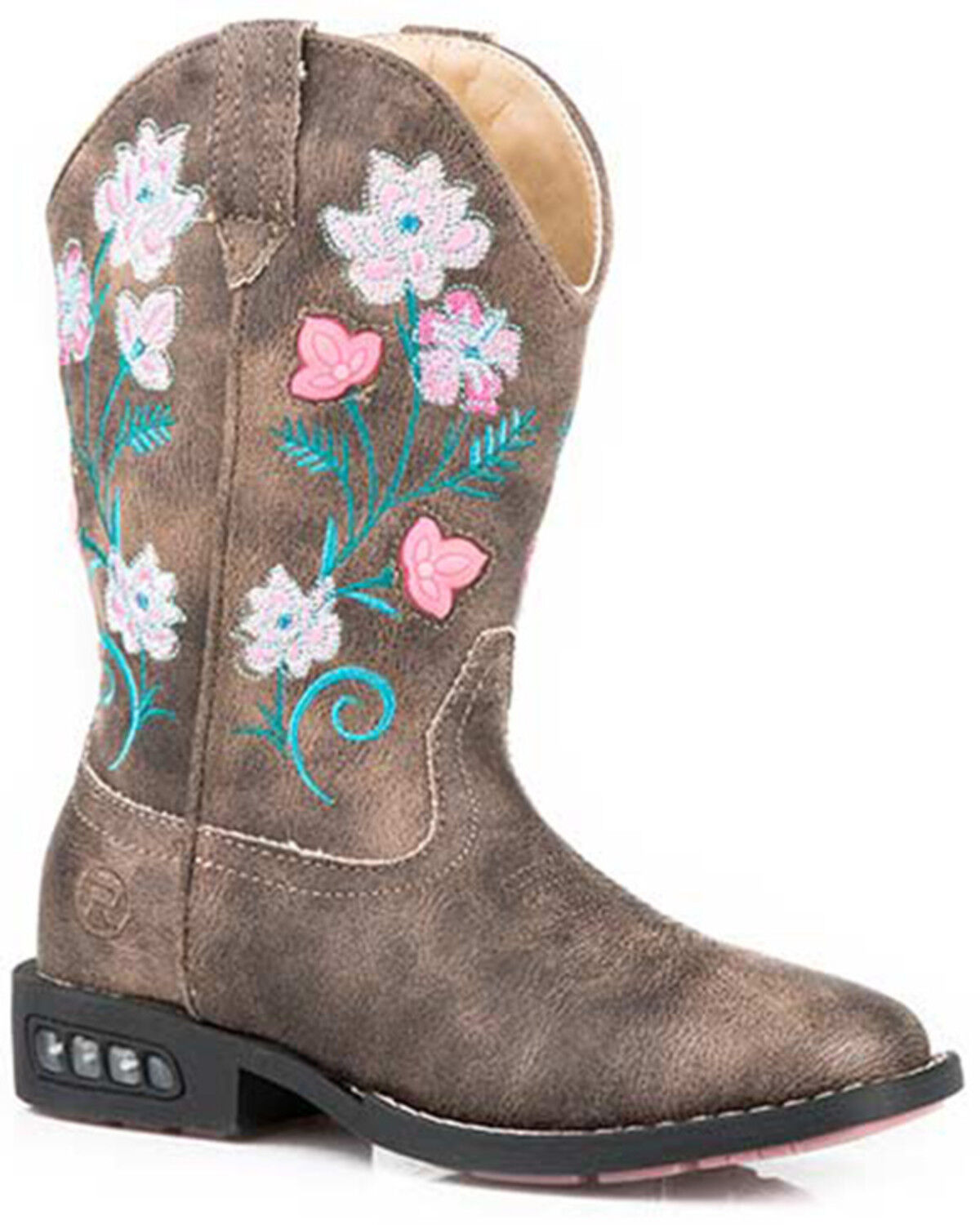 Image #1 - Roper Girls' Dazzle Floral Lights Western Boots - Broad Square Toe, Brown, hi-res