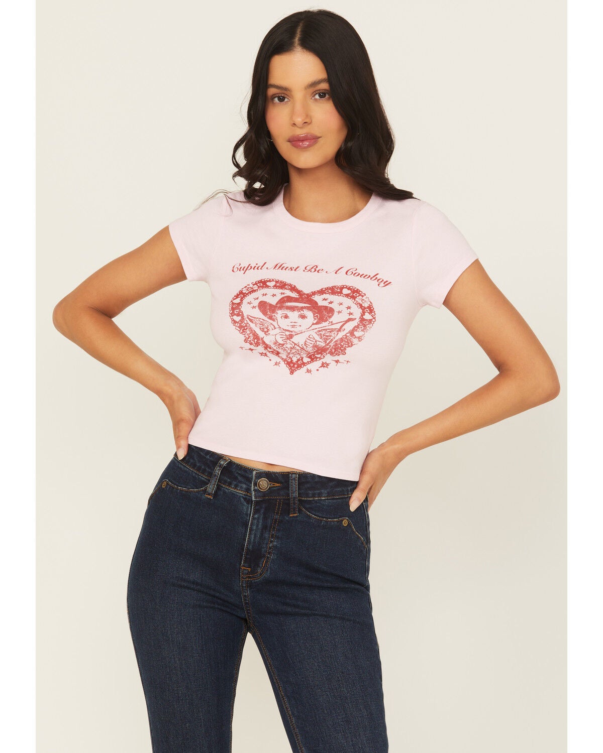 Originality Women's Cupid Cowboy Short Sleeve Baby Graphic Tee, Pink, hi-res