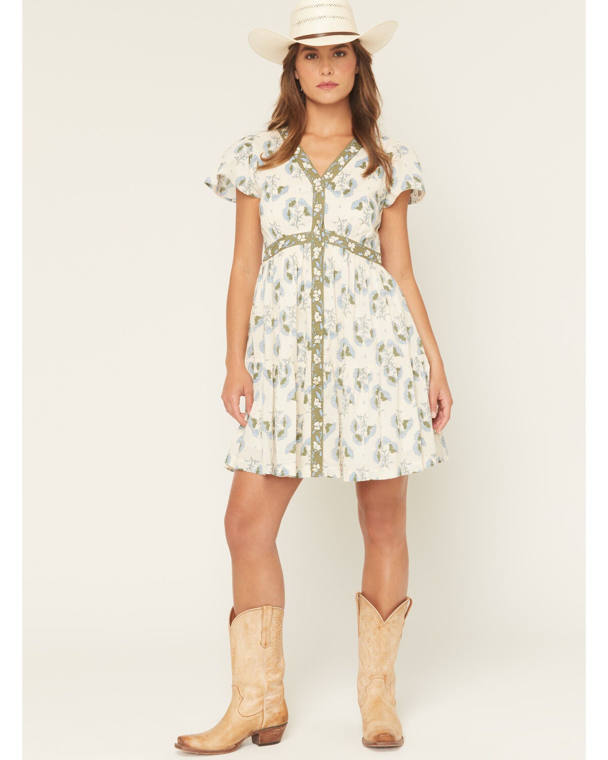 Bila Women's Monaco Floral Border Short Sleeve Mini Dress, Sage, hi-res