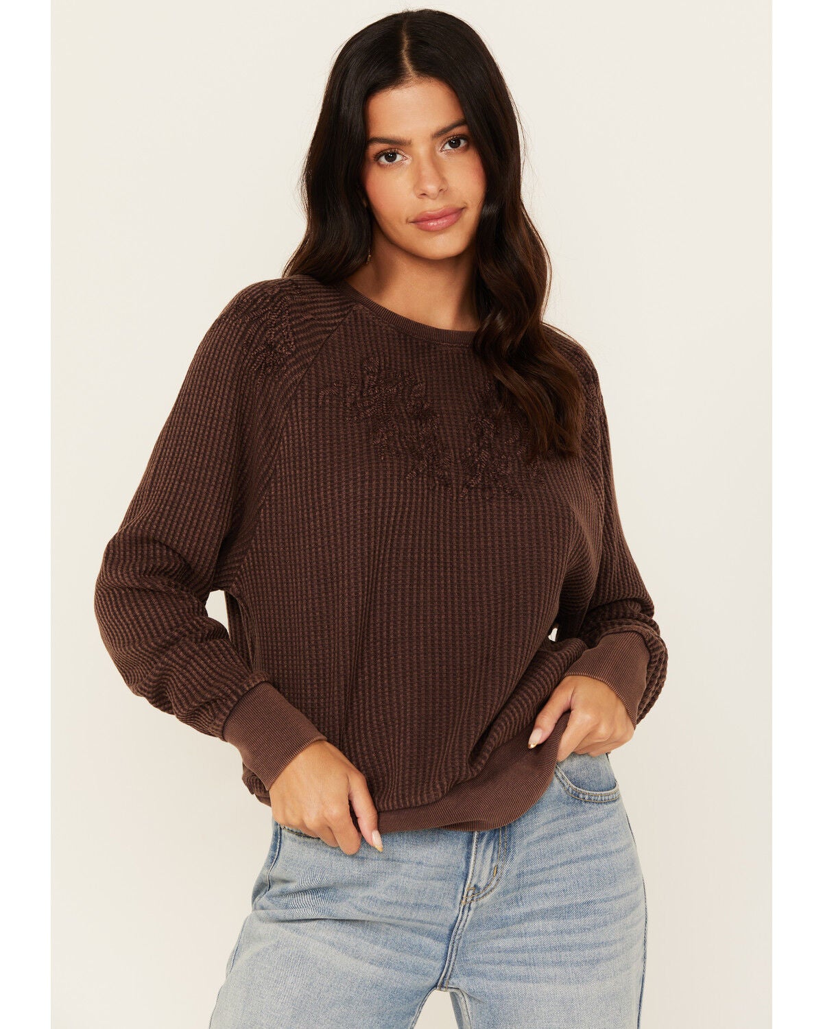 Cleo + Wolf Women's Waffle Knit Long Sleeve Top, Brown, hi-res