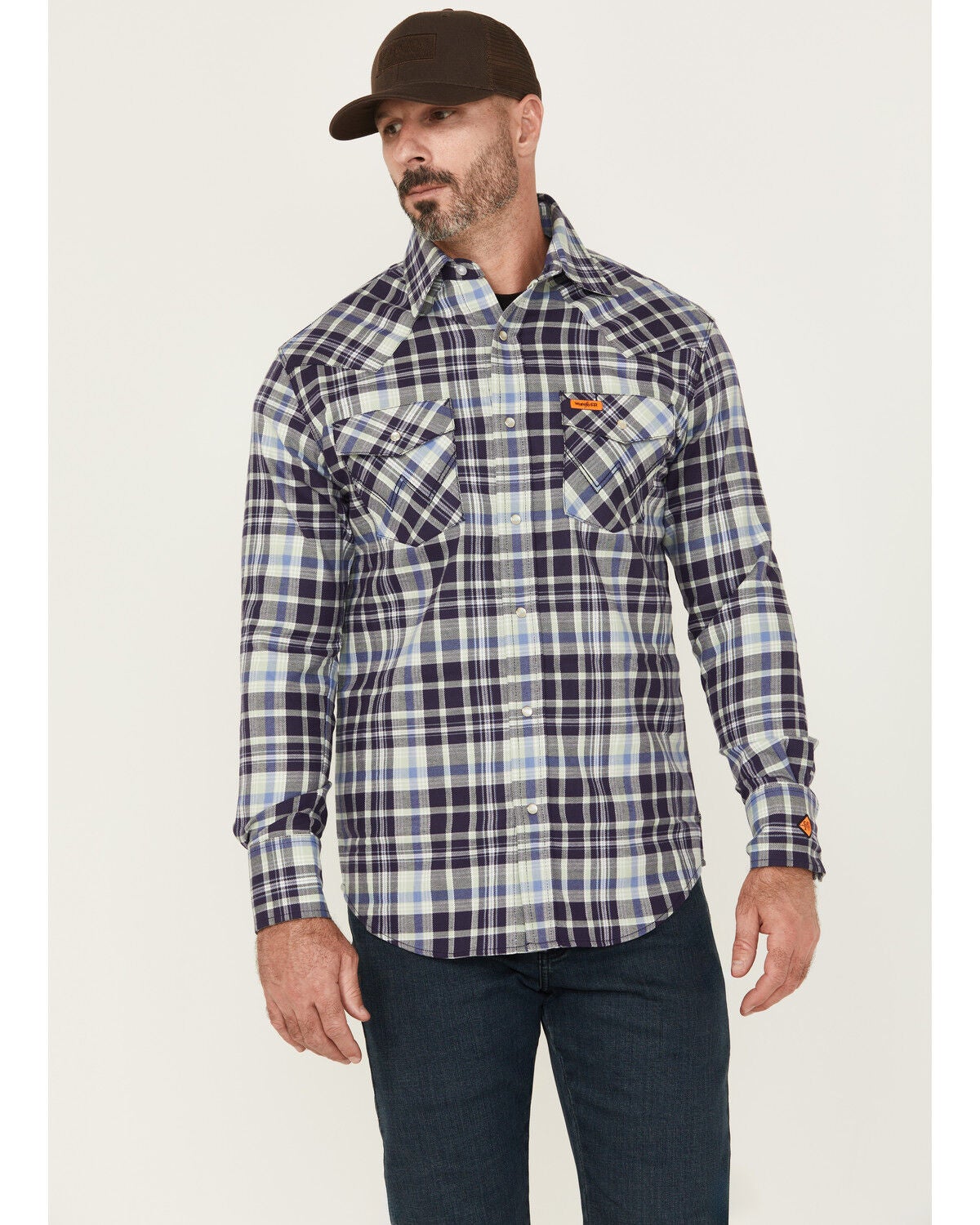 Wrangler Men's FR Plaid Print Long Sleeve Snap Work Shirt, Blue, hi-res