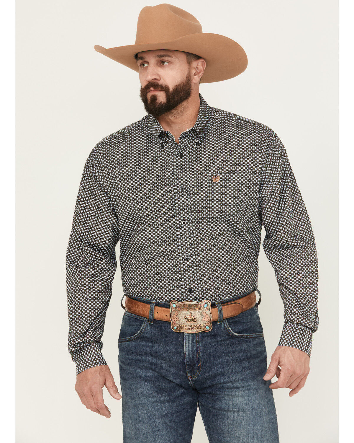 Image #1 - Cinch Men's Geo Print Long Sleeve Button-Down Western Shirt, Black, hi-res