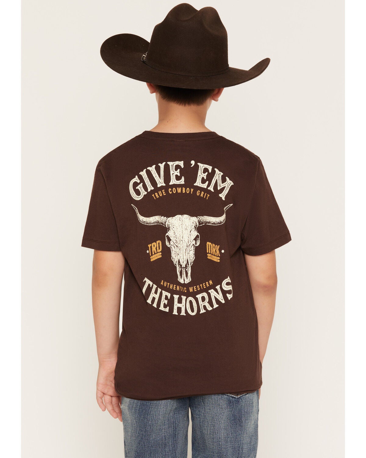 Image #1 - Cody James Boys' Give 'Em Horns Short Sleeve Graphic T-Shirt, Dark Brown, hi-res