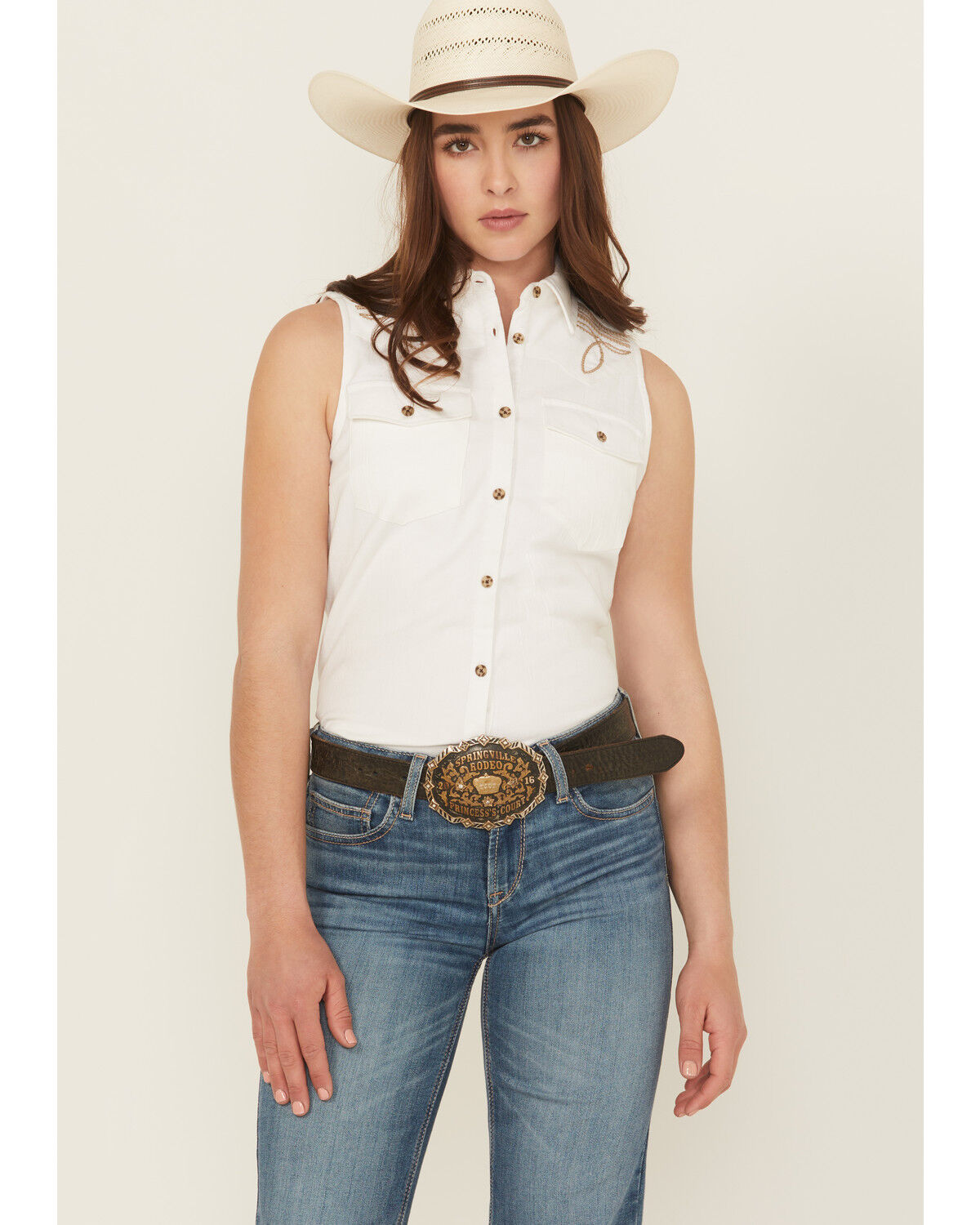 Image #1 - Shyanne Women's Embroidered Sleeveless Button-Down Western Shirt, White, hi-res
