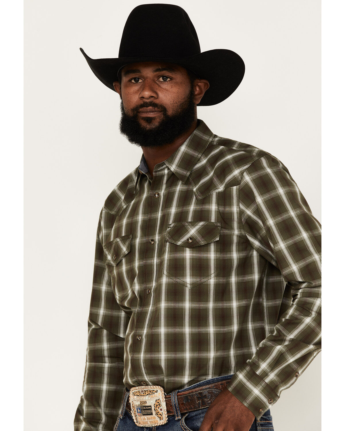 Image #2 - Cody James Men's Lost Trail Plaid Print Long Sleeve Snap Western Shirt, Olive, hi-res