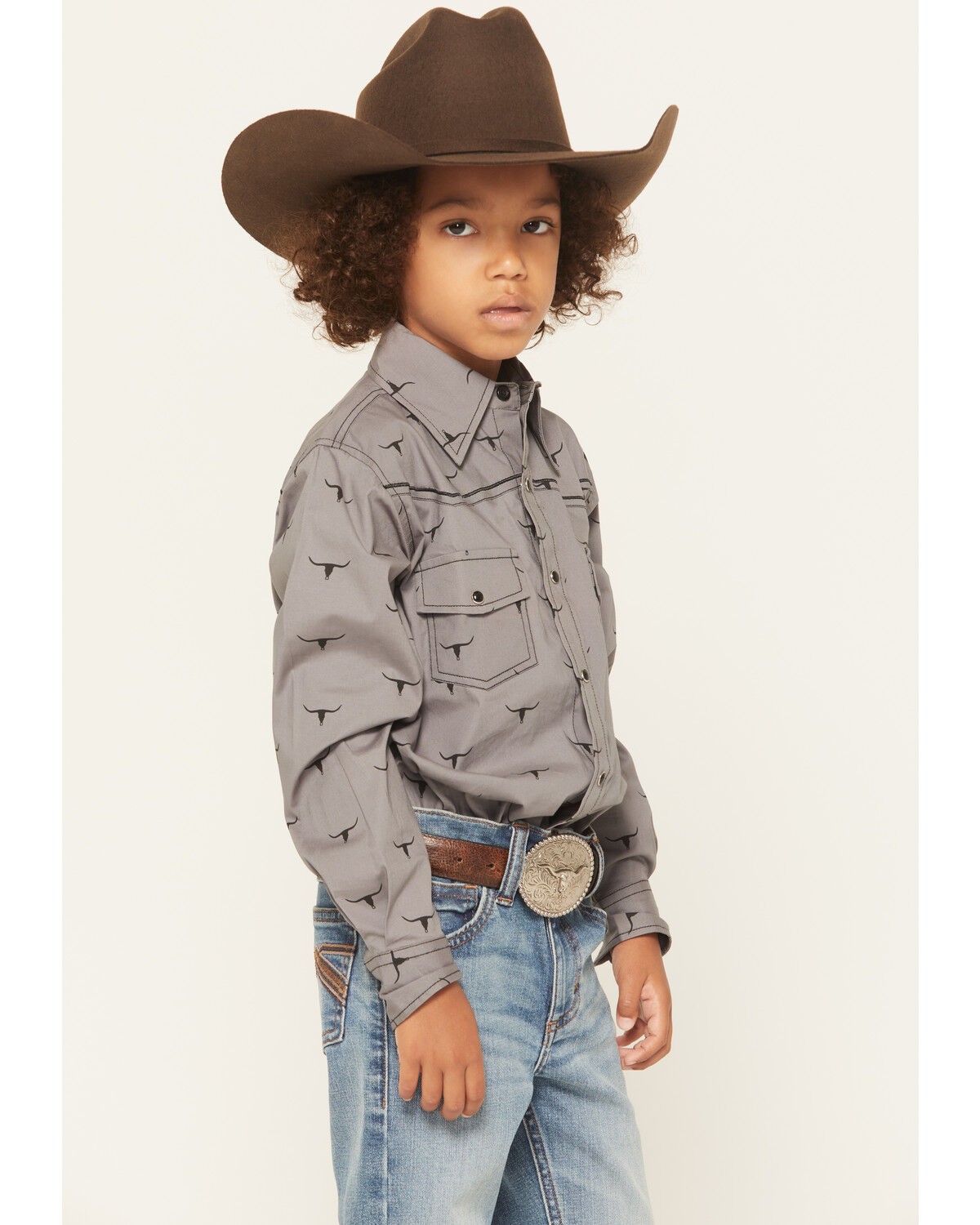 Image #2 - Cowboy Hardware Boys' Skull Scatter Long Sleeve Snap Stretch Western Shirt, Charcoal, hi-res