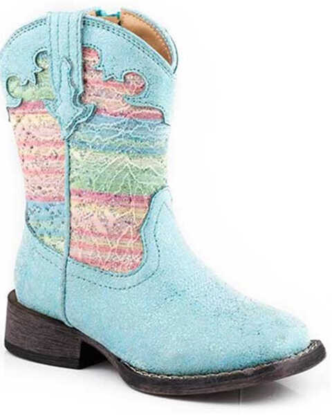 Roper Toddler Girls' Glitter Lace Western Boots - Broad Square Toe, Blue, hi-res