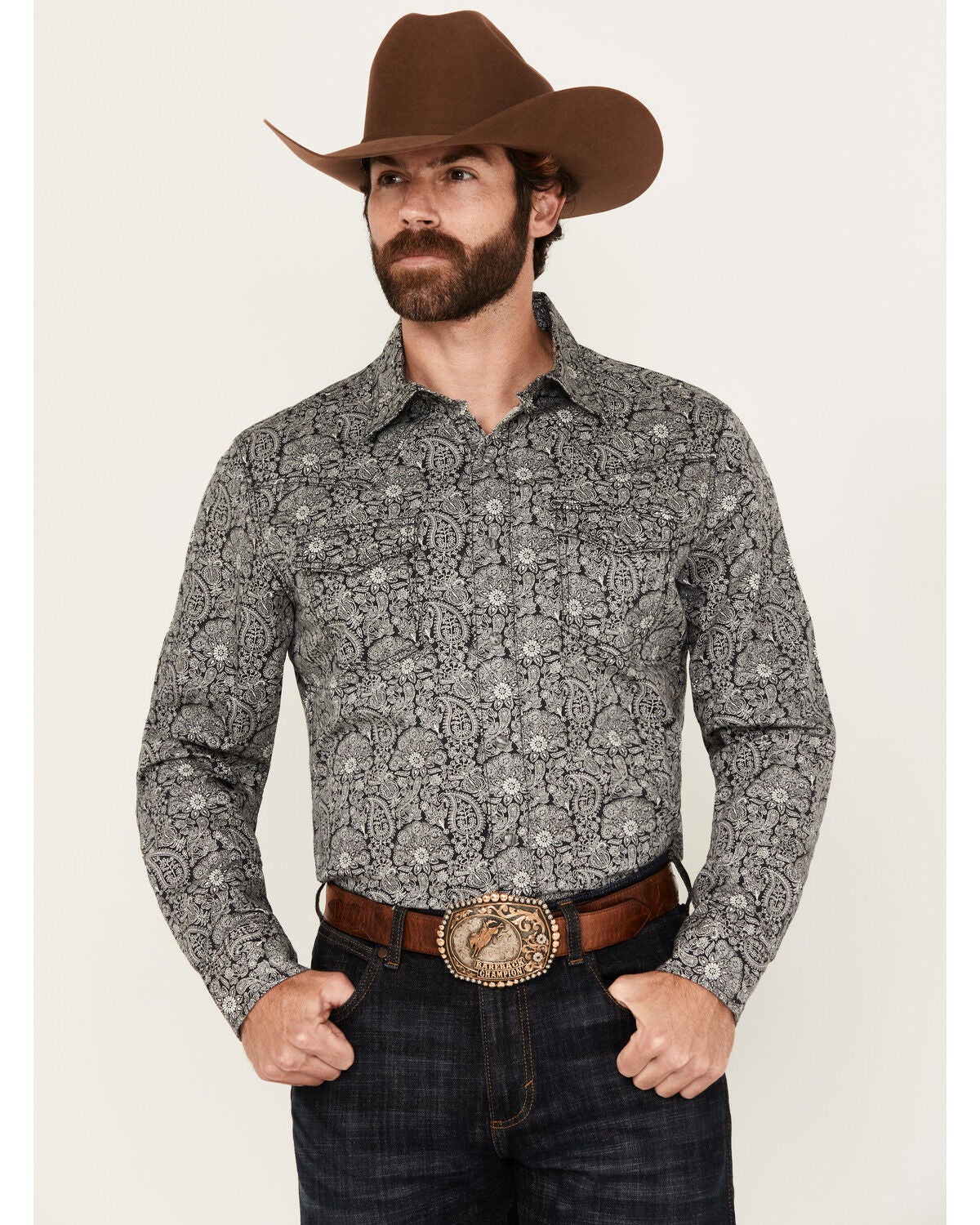 Wrangler Retro Men's Paisley Print Long Sleeve Snap Western Shirt, Navy, hi-res