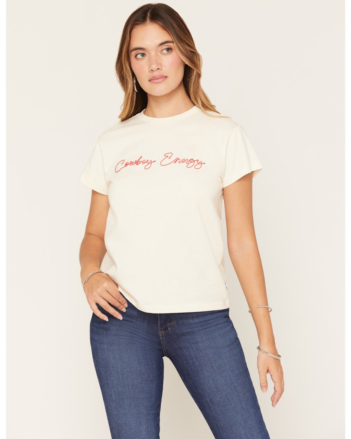 Wrangler Retro Women's Cowboy Energy Embroidered Short Sleeve Graphic Tee, Cream, hi-res