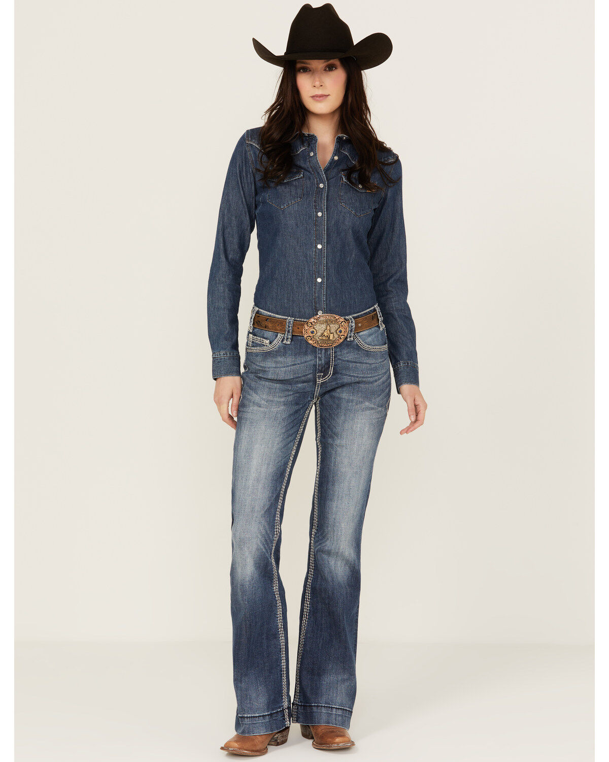 Image #1 - Rock & Roll Denim Women's Dark Wash Stitched Pocket Bootcut Stretch Denim Jeans, Blue, hi-res