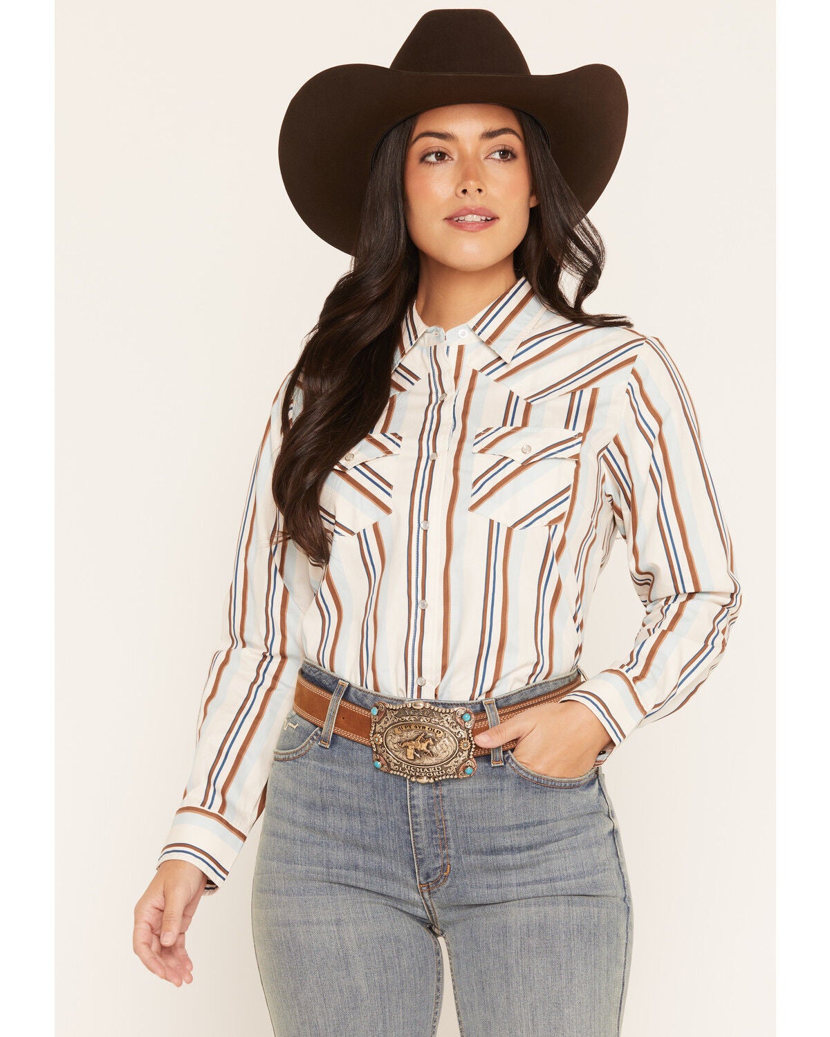 Image #1 - Ely Walker Women's Boot Barn Exclusive Striped Long Sleeve Pearl Snap Western Shirt, Ivory, hi-res