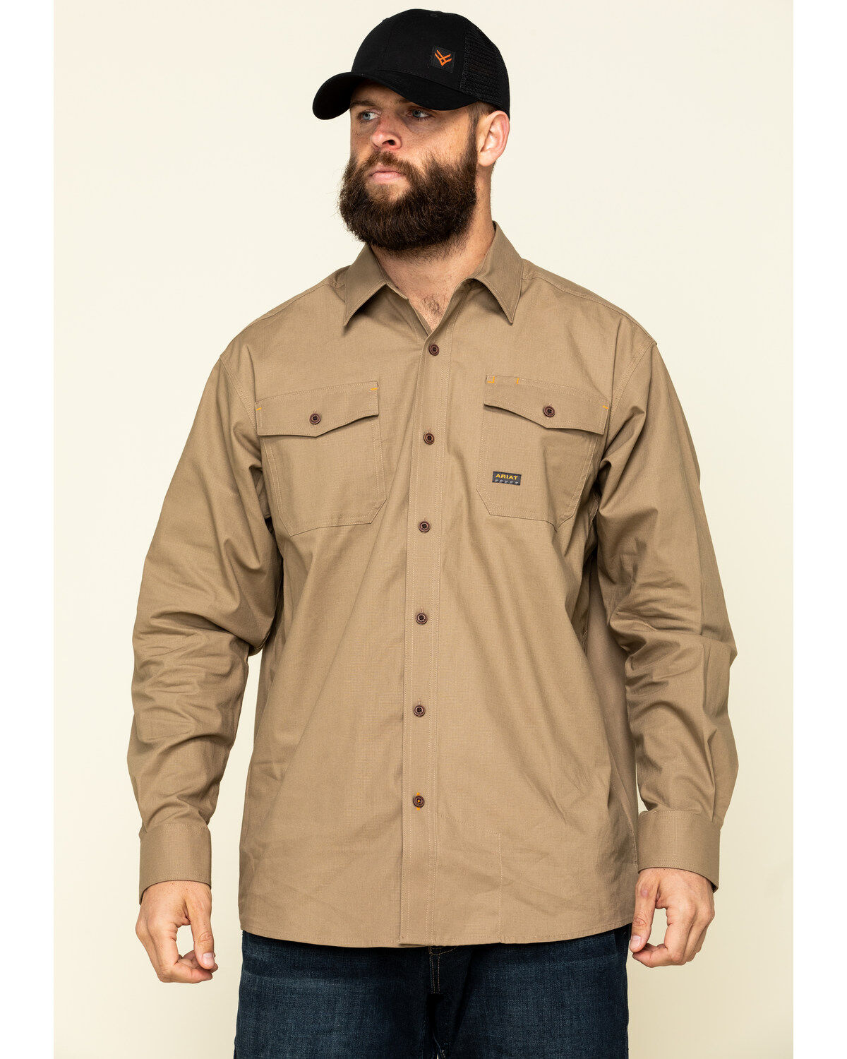 Image #1 - Ariat Men's Khaki Rebar Made Tough Durastretch Long Sleeve Work Shirt, , hi-res
