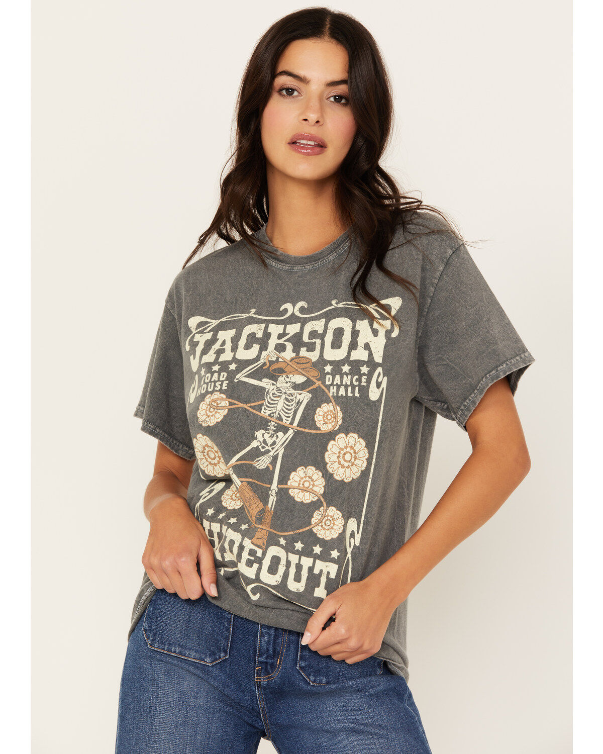 Image #1 - Youth in Revolt Women's Jackson Hideout Skeleton Short Sleeve Graphic T-Shirt, Charcoal, hi-res