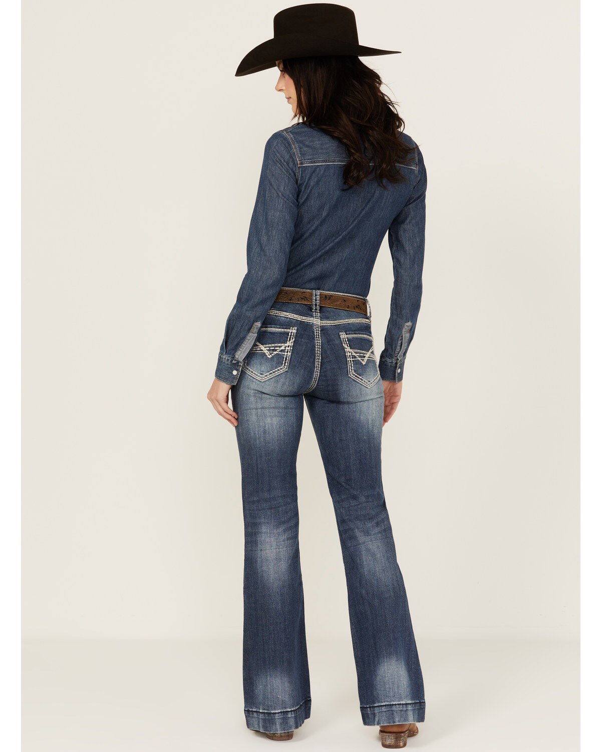 Image #3 - Rock & Roll Denim Women's Dark Wash Stitched Pocket Bootcut Stretch Denim Jeans, Blue, hi-res