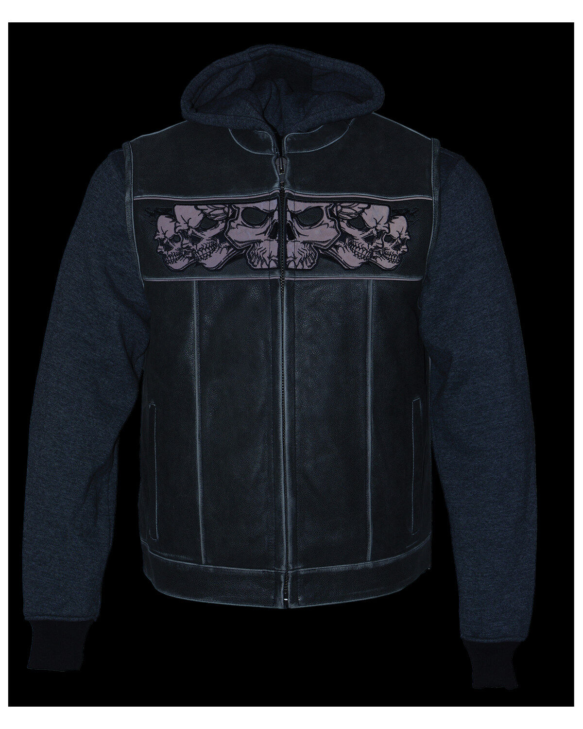 Image #4 - Milwaukee Leather Men's Leather Concealed Carry Vest with Reflective Skulls and Removeable Hoodie, Grey, hi-res