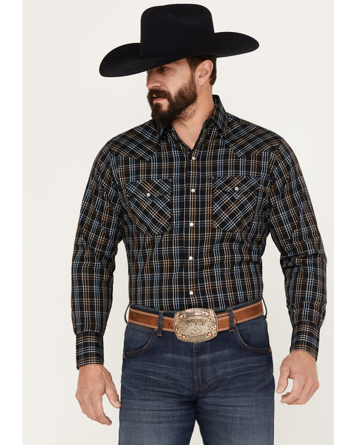Image #1 - Ely Walker Men's Plaid Print Long Sleeve Pearl Snap Western Shirt, Black, hi-res
