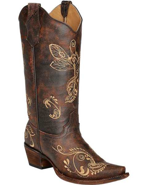 Circle G Women's Distressed Bone Dragonfly Embroidered Boots - Snip Toe, Brown, hi-res