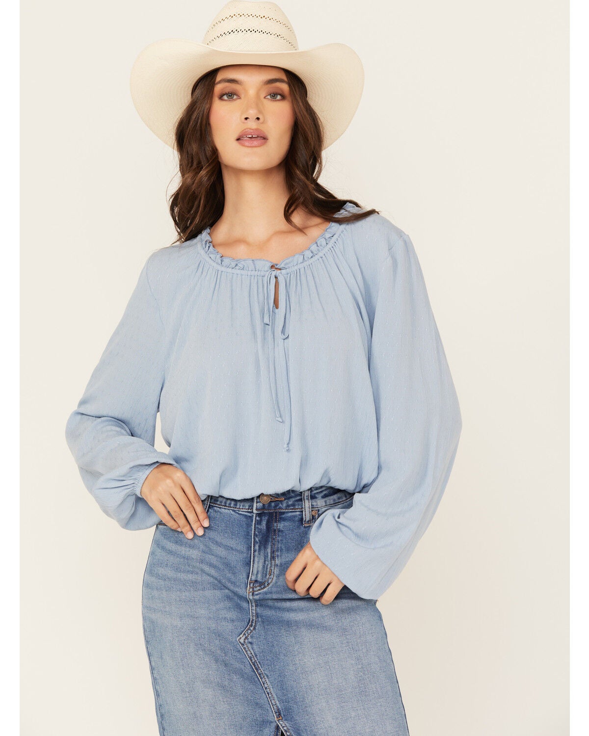 Wild Moss Women's Tie-Front Long Sleeve Top, Light Blue, hi-res