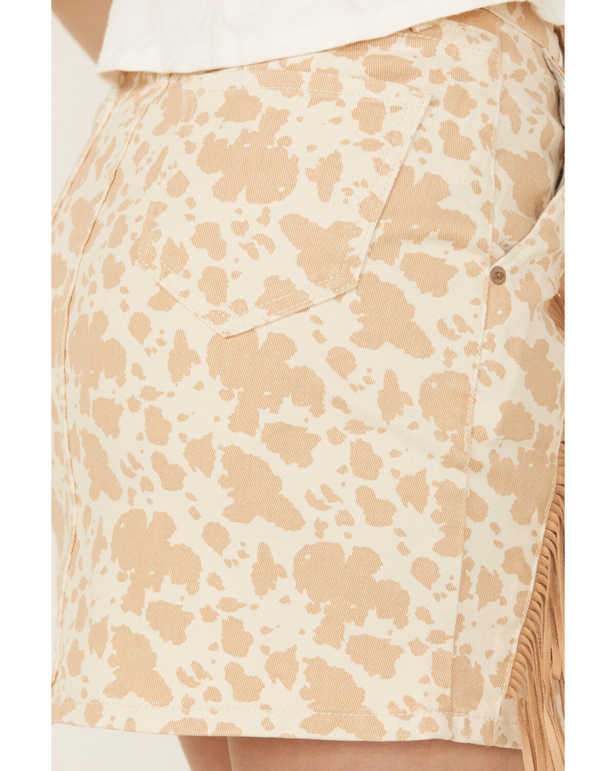 Image #4 - Rock & Roll Denim Women's Cow Print High Rise Tassel Mini Skirt, Tan, hi-res
