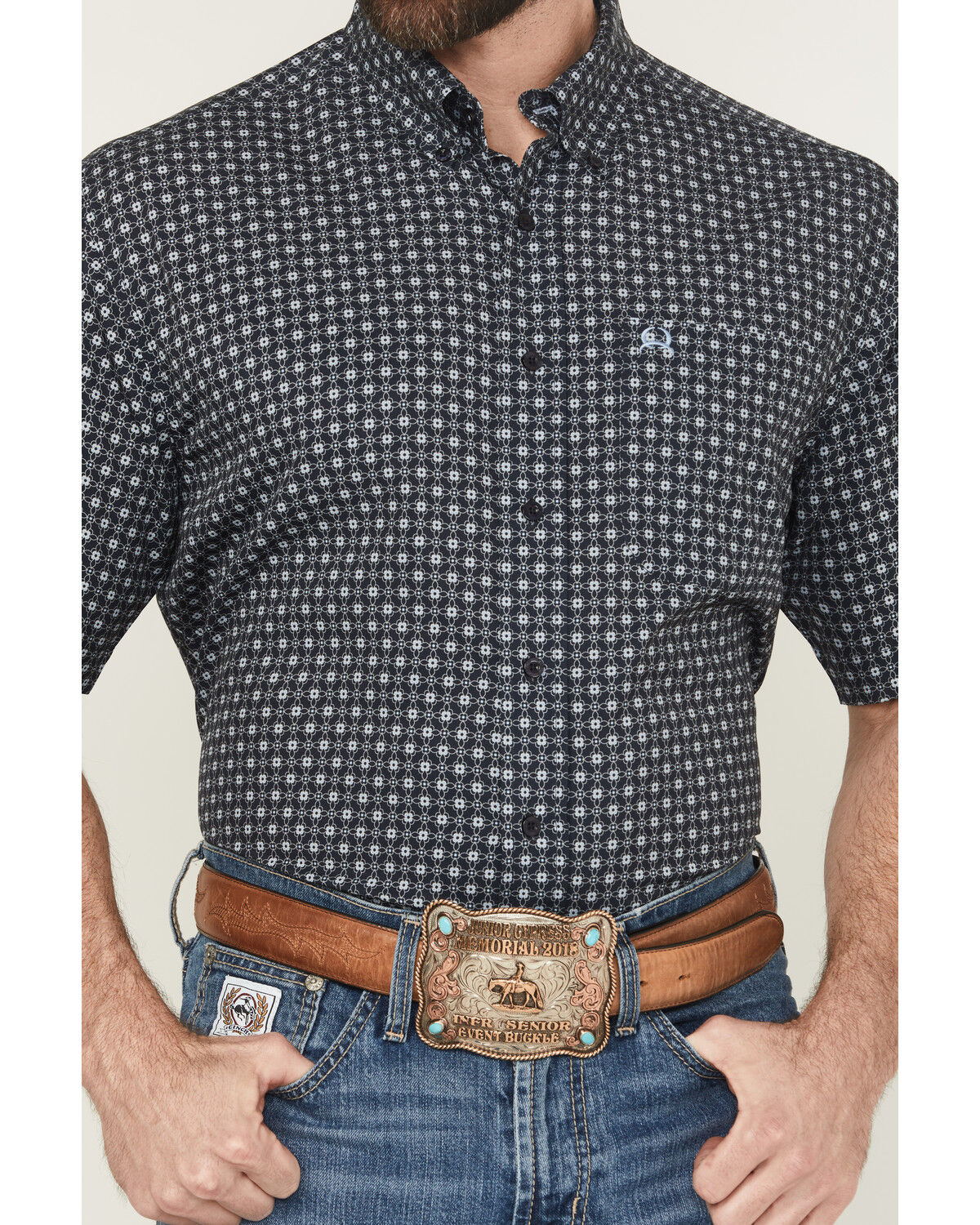 Image #3 - Cinch Men's Geo Print Short Sleeve Button-Down Performance Stretch Western Shirt, Navy, hi-res