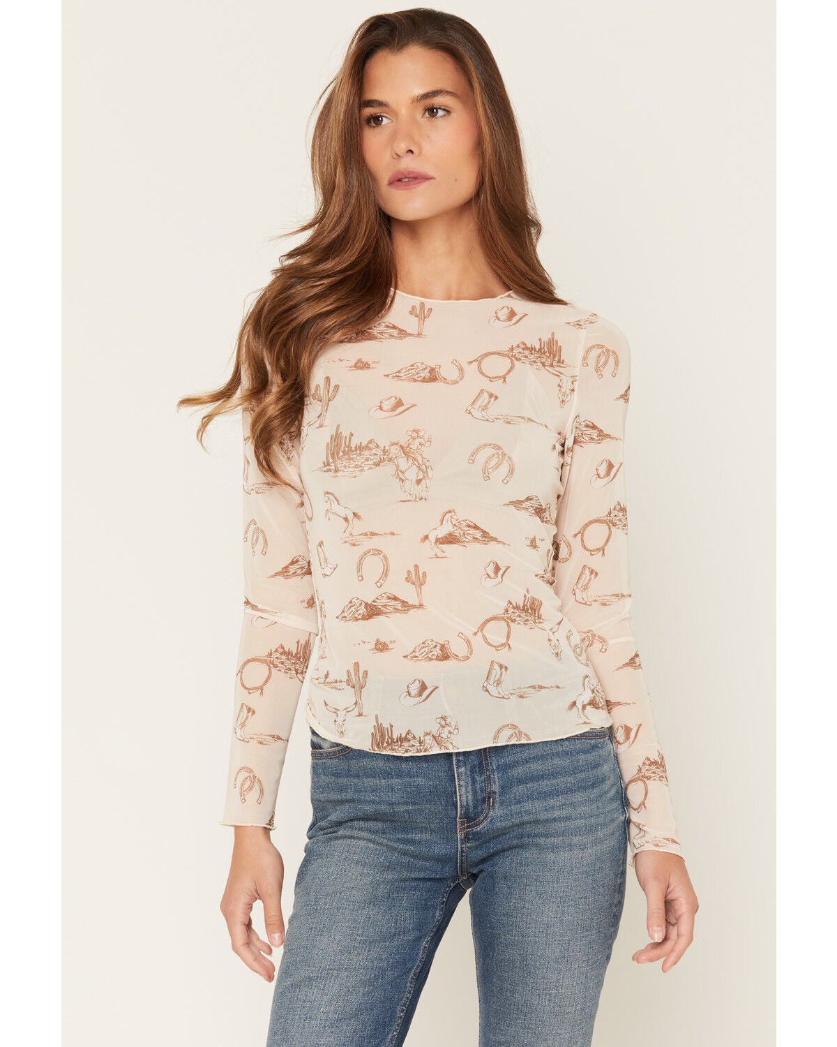 Ash & Violet Women's Conversation Print Mesh Long Sleeve Top, Cream, hi-res