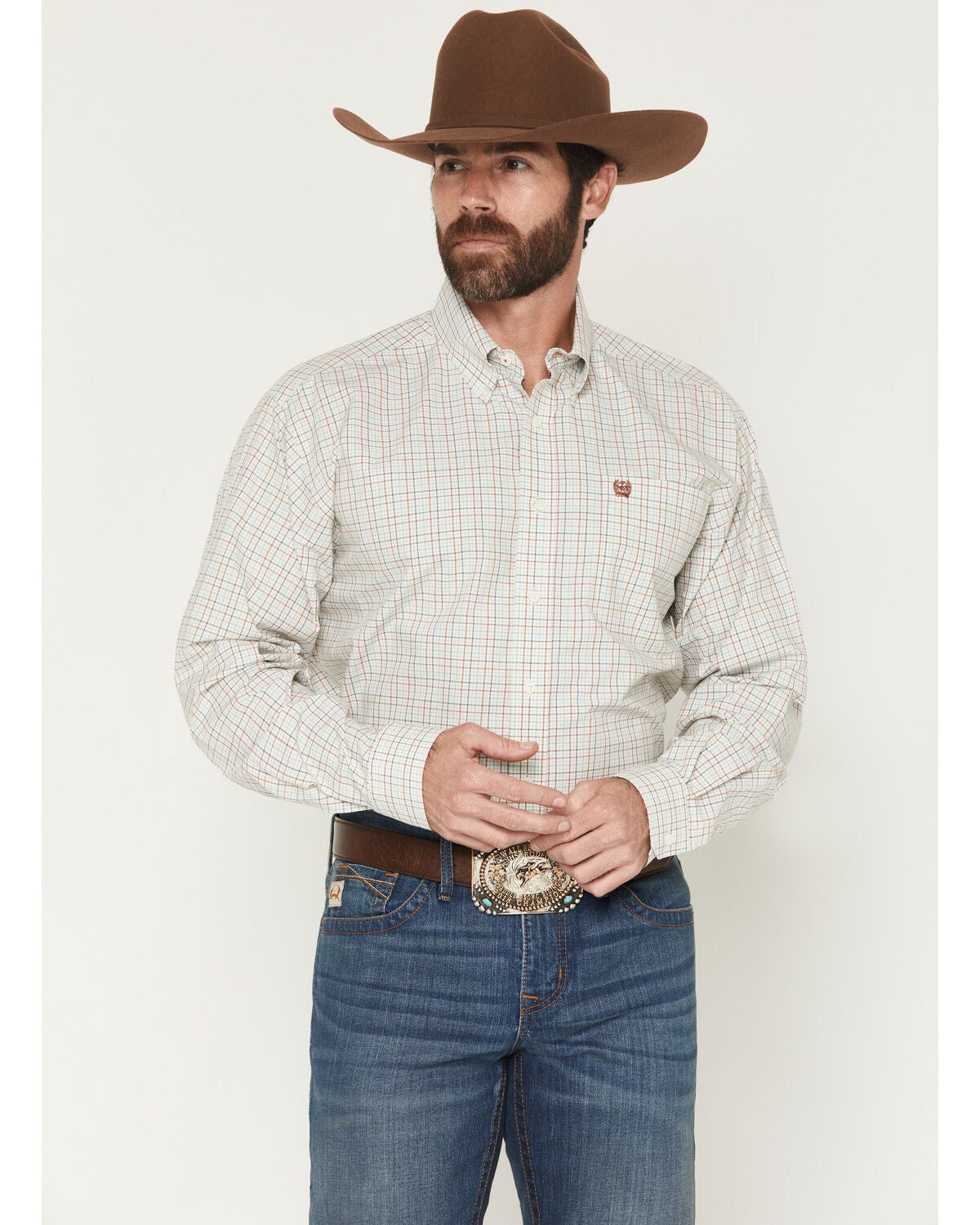Cinch Men's Plaid Print Long Sleeve Button-Down Western Shirt, Cream, hi-res