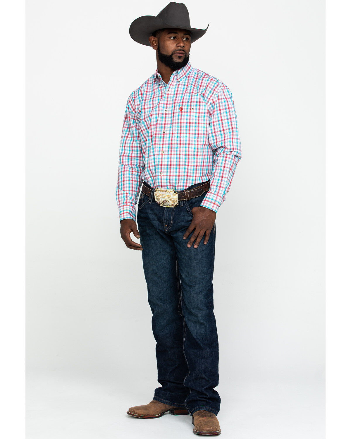 Image #6 - George Strait by Wrangler Men's Red Small Plaid Poplin Long Sleeve Western Shirt , , hi-res